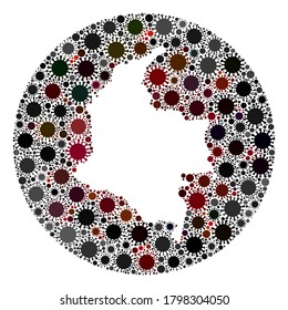Vector Colombia map collage of covid-2019 virus. Infection attacks the lockdown territory from outside. Stencils circle Colombia map collage designed with infection icons.