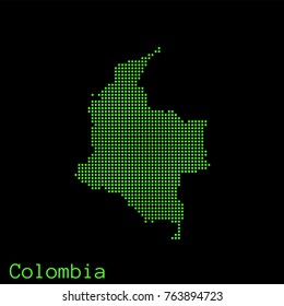 Vector Colombia map dotted silhouette with green dots on a black background (as on old ancient computers running DOS)