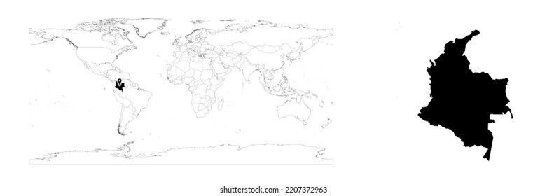 Mapa del vector Colombia que muestra la ubicación del país en el mapa del mundo y mapa sólido para Colombia sobre fondo blanco. El archivo es adecuado para la edición digital y las impresiones de todos los tamaños.