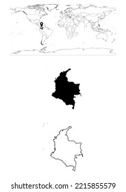 Vector Colombia map, map of Colombia showing country location on world with solid and outline maps for Colombia on white background. File is suitable for digital editing and prints of all sizes.