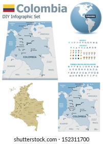 Vector Colombia maps, Colombia flag, Earth globe showing country location, map markers and related icon set