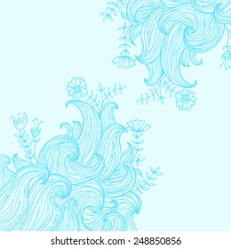 Vector color abstract hand-drawn background with waves and flowers