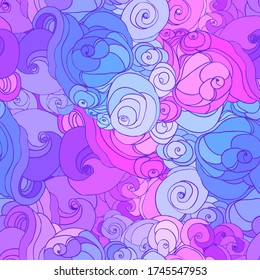 Vector color abstract hand-drawn hair pattern with waves and clouds. Vibrant  vector illustration. 60s hippie colorful background, hippie and boho texture. Ttrippy wallpaper.