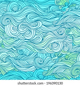 Vector color abstract hand-drawn hair pattern with waves and clouds 