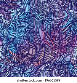 Vector color abstract hand-drawn hair pattern with waves and clouds 