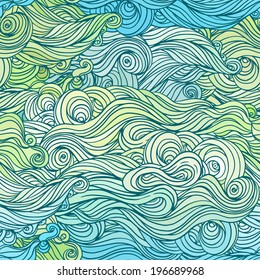 Vector color abstract hand-drawn hair pattern with waves and clouds 