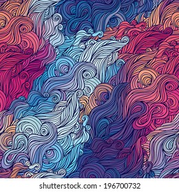 Vector color abstract hand-drawn hair pattern with waves and clouds. Asian style.