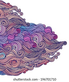 Vector color abstract hand-drawn hair pattern with waves and clouds. Asian style element for design. 