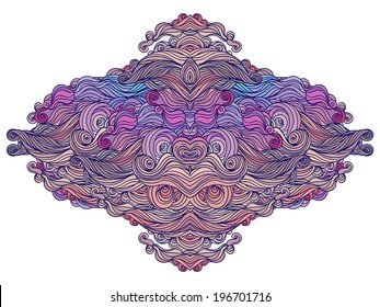 Vector color abstract hand-drawn hair pattern with waves and clouds. Asian style element for design. 