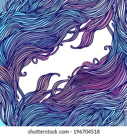 Vector color abstract hand-drawn hair pattern frame with waves and clouds 