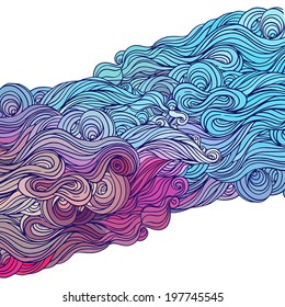 Vector color abstract hand-drawn hair pattern with waves and clouds. Asian style element for design.  