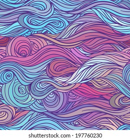 Vector color abstract hand-drawn hair pattern with waves and clouds. Asian style element for design.  