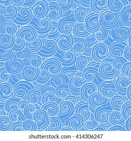 Vector color abstract hand-drawn hair seamless pattern with waves and clouds. Blue doodle background.