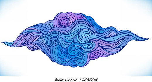Vector color abstract hand-drawn pattered cloud in blue colors isolated on white