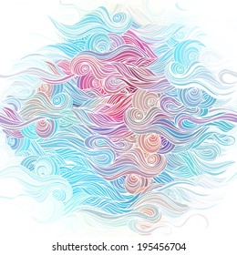 Vector color abstract hand-drawn pattern with waves and clouds 