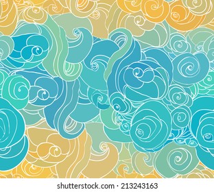 Vector color abstract hand-drawn pattern with waves and clouds 