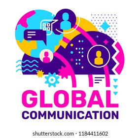 Dibujo abstracto de color vectorial con nube, planeta, icono de charla y burbuja de habla. Concepto creativo de comunicación global con texto sobre fondo blanco. Diseño de estilo plano para web, banner