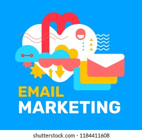 Vector color abstract illustration with cloud, heart, email and gear. Email marketing creative concept with text on blue background. Flat style design for web, site, banner, poster, presentation