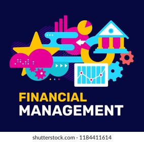 Vector color abstract illustration with cloud, bank, chart and graph. Financial management creative concept with text on black background. Flat style design for web, site, banner, poster, presentation