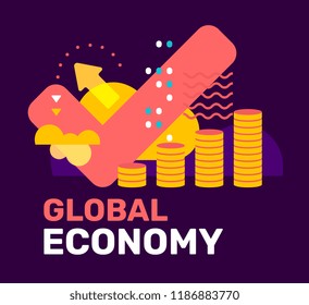Vector color abstract illustration with cloud, check mark, pile of gold coin and arrow. Global economy creative concept with text on dark background. Flat style design for web, site, banner, poster