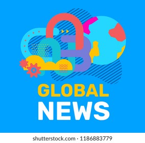 Vector color abstract illustration with globe, gear, interconnection of lines and cloud. Global news creative concept with text on blue background. Flat style design for web, site, banner, poster