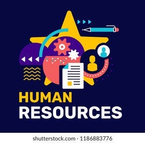Vector color abstract illustration with star, paper document, people icon and gear. Human resources creative concept with text on dark background. Flat style design for web, site, banner, poster