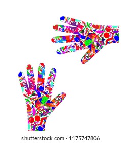 Vector color abstract silhouette two hands with fingers spread white background isolate bright symbol logo artist creative child studio