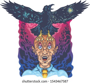 Vector color art illustration of a raven sitting on a man screaming in horror from a bald man, against a gradient background of clouds.Concept for printing on t-shirts and poster.