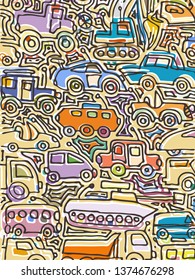 Vector color auto pattern, doodle lines, colorful grunge background. Abstract kids surface, cartoon childish pattern