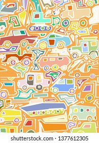 Vector color auto pattern, doodle lines, colorful grunge background. Abstract kids surface, cartoon childish pattern