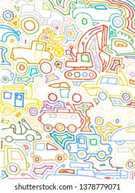 Vector color auto pattern, doodle lines, colorful grunge background. Abstract kids surface, cartoon childish pattern