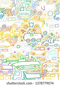 Vector color auto pattern, doodle lines, colorful grunge background. Abstract kids surface, cartoon childish pattern