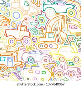 Vector color auto pattern, doodle lines, colorful grunge background. Abstract kids surface, cartoon childish pattern