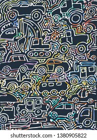 Vector color auto pattern, doodle lines, colorful grunge background. Abstract kids surface, cartoon childish pattern