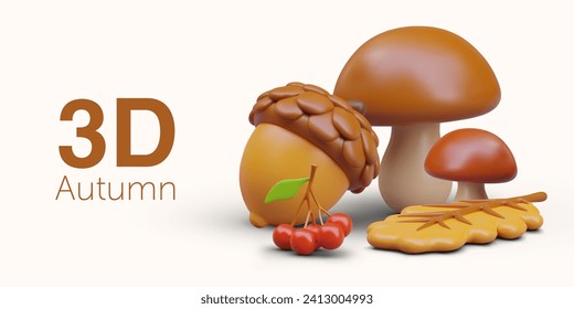 Vector color autumn 3D composition. Edible mushrooms, red berries, acorn, oak leaf. Horizontal template for seasonal poster, banner, flyer. Place for text