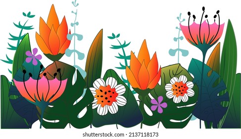 Vector color background, banner with exotic bright flowers and leaves in cartoon style, EPS10.