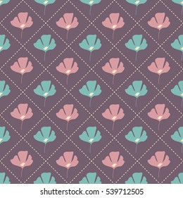 Vector color background with flower blossoms in dashed squares. Seamless illustration