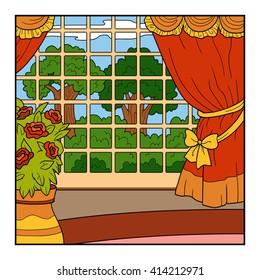 Vector color background. Room of the castle with a big garden outside the window