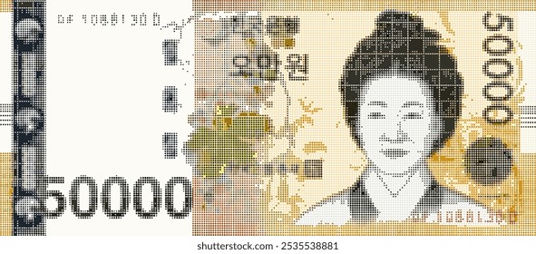 Vektorfarben Banknote von 50000 Südkoreaner gewann. Rastereffekt. Viele Punkte. Geld von Korea. Umgekehrt Fünfzigtausend.