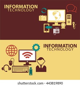Vector color banner information and communication technology with icons on a brown and yellow background