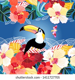 Vector color beautiful toucan poster among exotic flowers