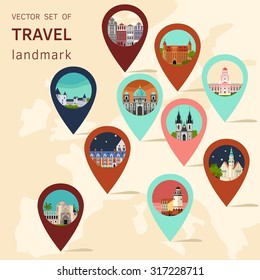 Vector color big flat set of european landmark in material style. Travel theme. 