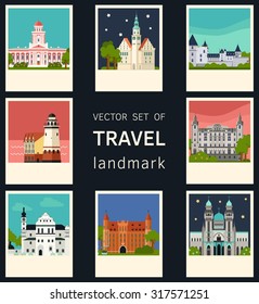 Vector color big flat set of european landmark in material style. Travel theme. 