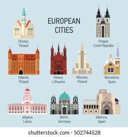 Vector color big flat set of European landmark in material style. Travel theme.