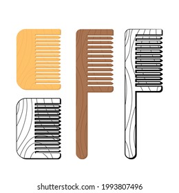 Vector color and black icons of wooden comb isolated at white background in cartoon style. Barbershop accessory from natural material. No waste, less plastic, eco friendly concept. Tool or instrument 