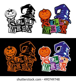 Vector color and black and white illustration grunge lettering halloween and jack-o-lantern pumpkin and witch hat set. 