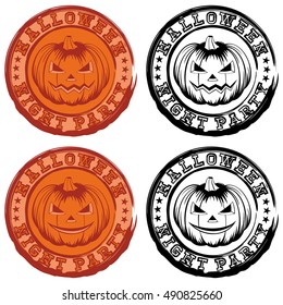 Vector color and black and white illustration grunge stamp with lettering halloween and night party and jack-o-lantern pumpkins set. 