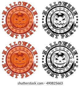 Vector color and black and white illustration grunge stamp with lettering halloween and night party and jack-o-lantern pumpkins set. 