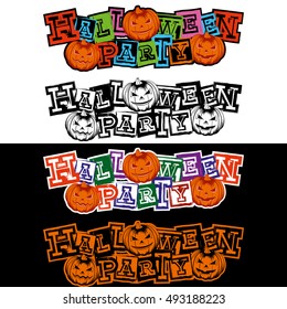 Vector color and black and white illustration grunge lettering halloween party and jack-o-lantern pumpkin set. 