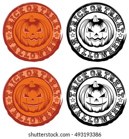 Vector color and black and white illustration grunge stamp with lettering halloween and trick or treat and jack-o-lantern pumpkins set. 